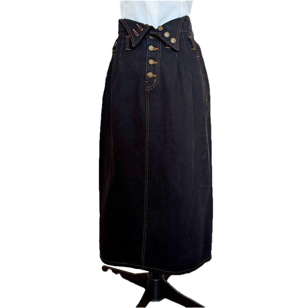 VTG 80s Gitano Folded Paper Bag Waist Hi Rise Black Denim A-line Midi Skirt, 10